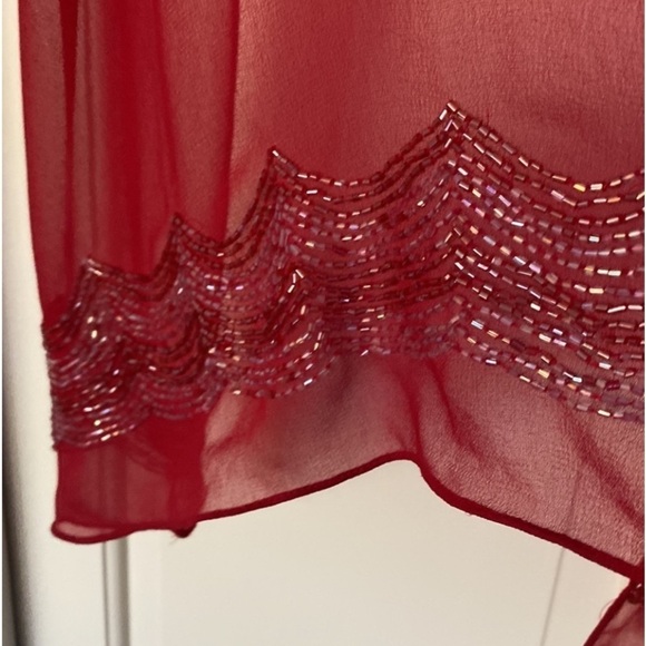 Red Chiffon Scarf Hand Sewn Beading Iridescent Scalloped Formal Scarf Sa - Picture 4 of 4